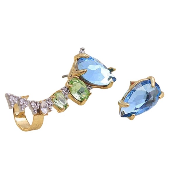 ALEXIS BITTAR • Asymmetrical Blue & Green Crystal Ear Climber & Stud Earrings - Picture 4 of 8